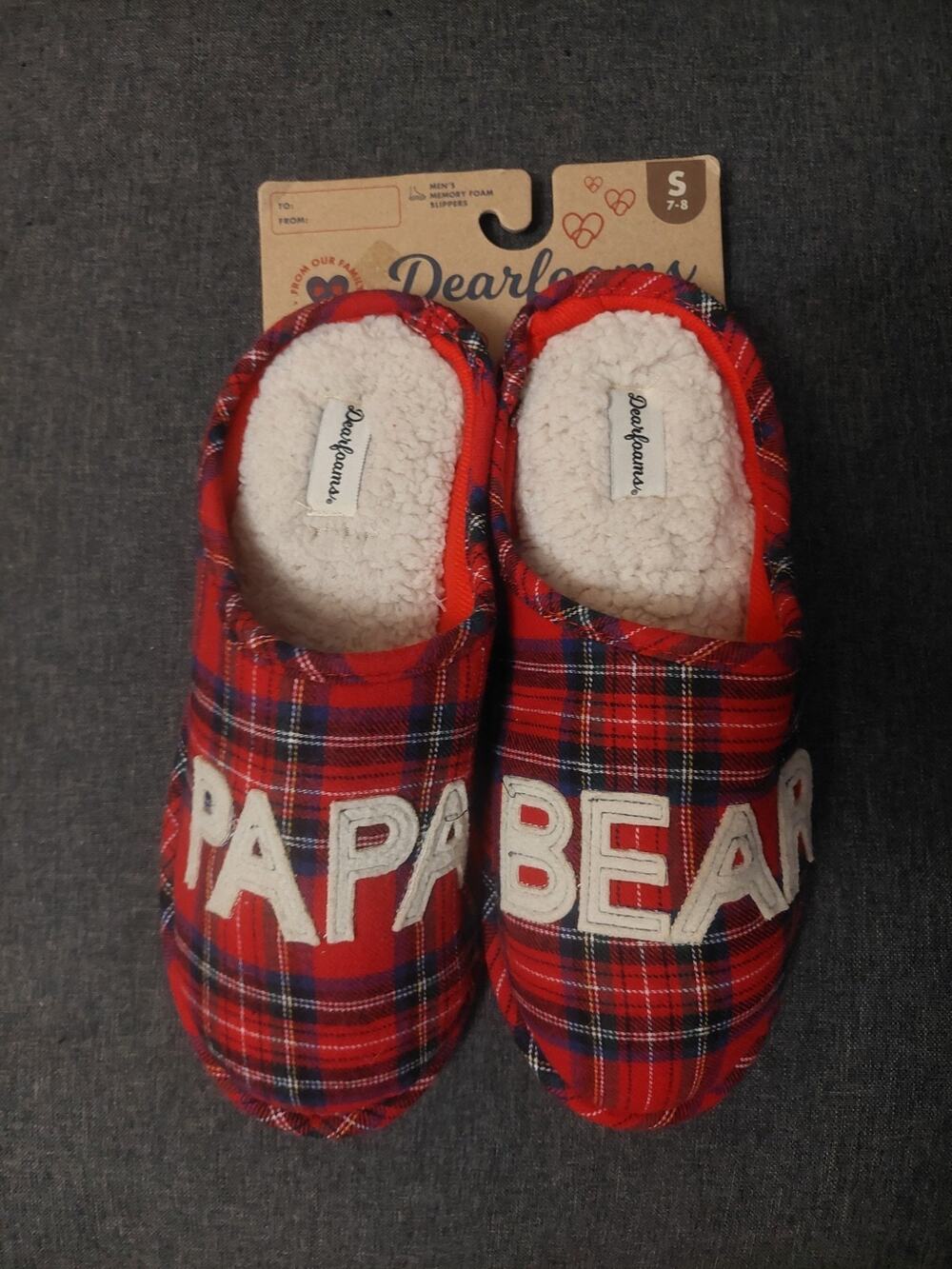 DEARFOAMS~Men's Small (7-8)~Fire Brick Red PAPA BEAR Plaid Clog Slippers New